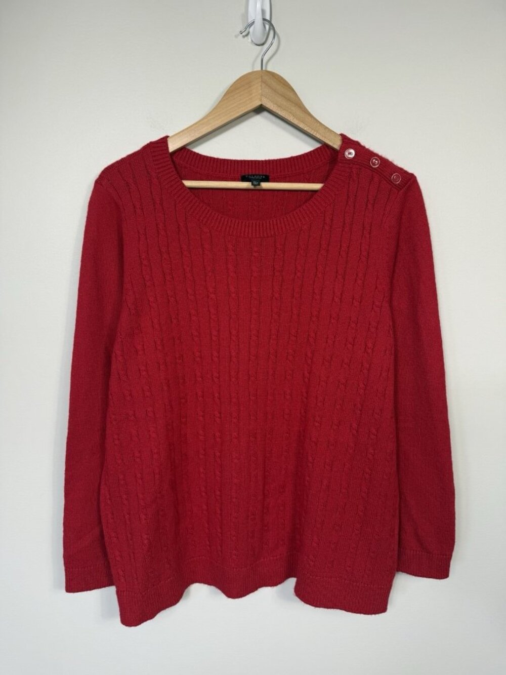 Talbots Cable Sweater Women XL Petite Red Cotton Classic Button Shoulder Holiday